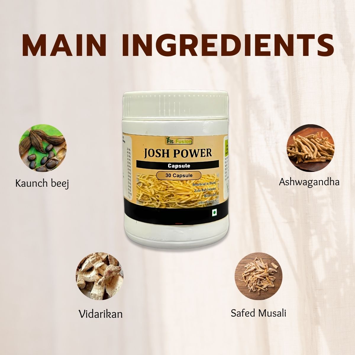 Fit Fusion Ayurveda Josh Power Capsule for Men, Ayurvedic Supplement with Ashwagandha, Safed Musli - View 3